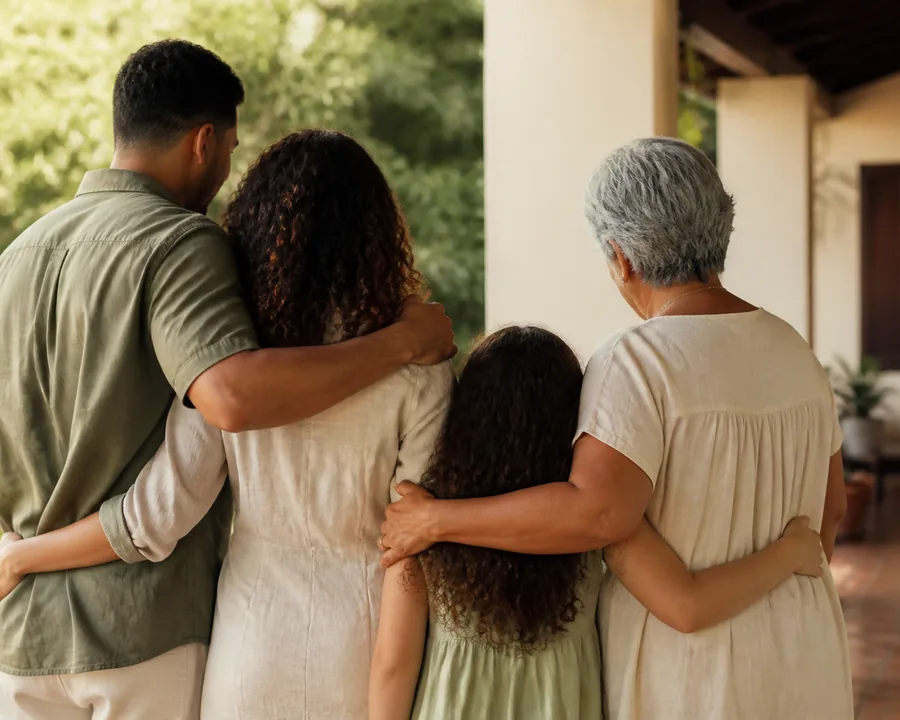 Familia puertorriqueña multigeneracional reunida de espaldas, sin rostros visibles